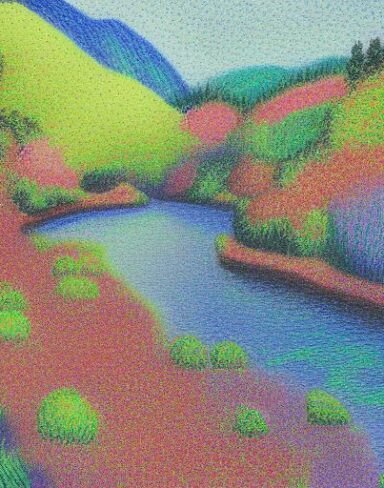 A painting of a river surrounded by flowers