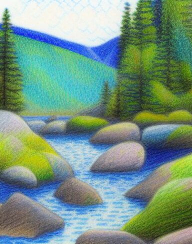 A painting of a river surrounded by rocks and trees