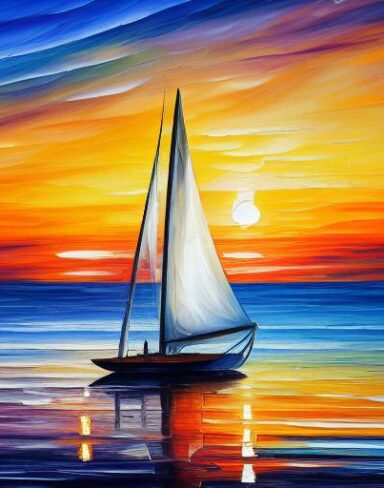 A painting of a sailboat with sunset and blue sea