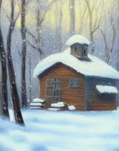 A painting of a small house in a snowy forest in winter