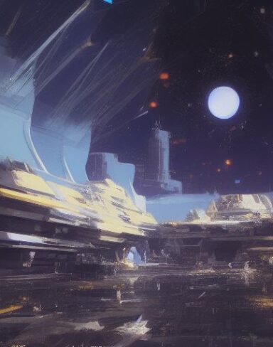 A painting of a space with stars and moon in the background