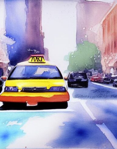 A painting of a taxi in the middle of city street