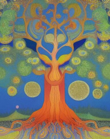 A painting of a tree and a blue sky in the background