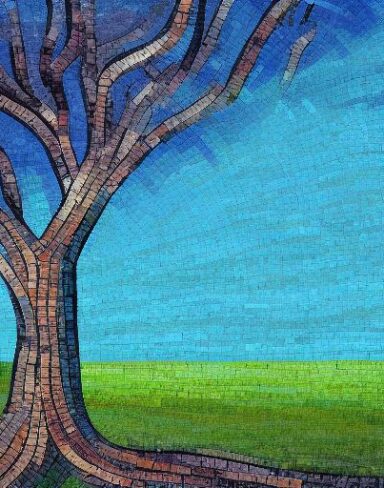 A painting of a tree with a sky in the background