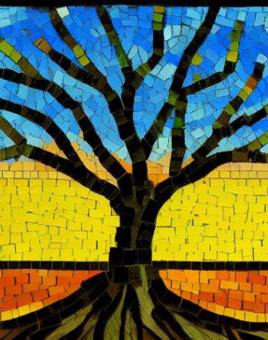 A painting of a tree with a sunny sky in the background