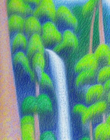 A painting of a trees with waterfall