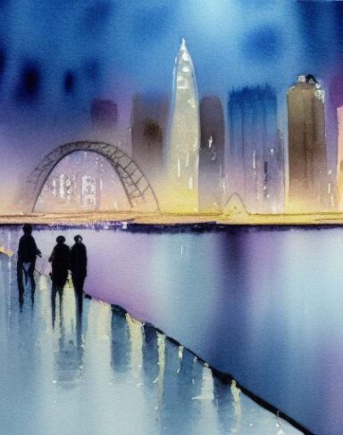 A painting of a view of a city at night