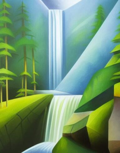 A painting of a waterfall with greenery in the background