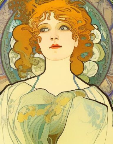 A painting of a woman holding bottle