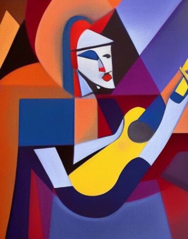 A painting of a woman playing a guitar