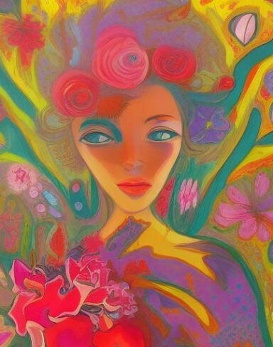 A painting of a woman surrounded by pretty flowers