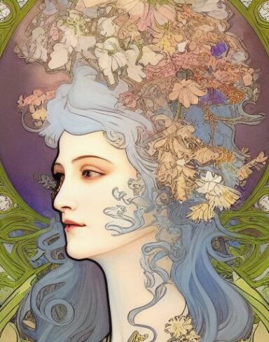 A painting of a woman with flowers in her white hair