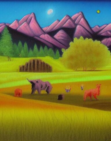 A painting of animals in a field