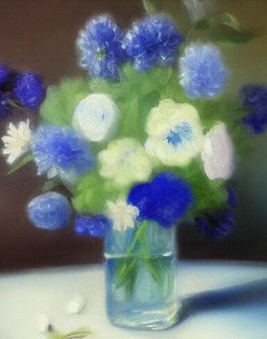 A painting of beautiful blue flowers in a vase on a table
