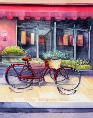 A painting of bicycle placed in front of a flower shop