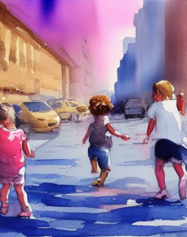 A painting of children playing a city street