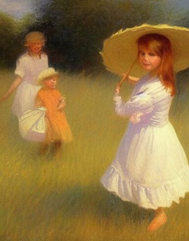 A painting of children playing in a field