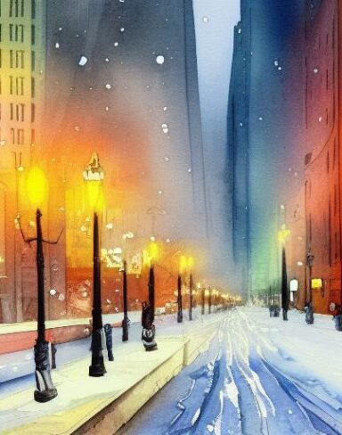 A painting of city street in winter