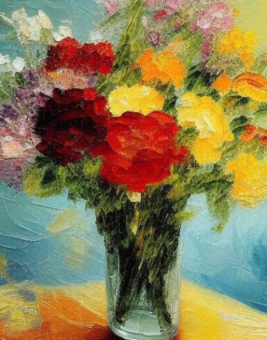 A painting of flowers in a vase