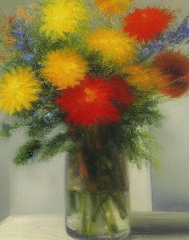 A painting of flowers in a vase on a table