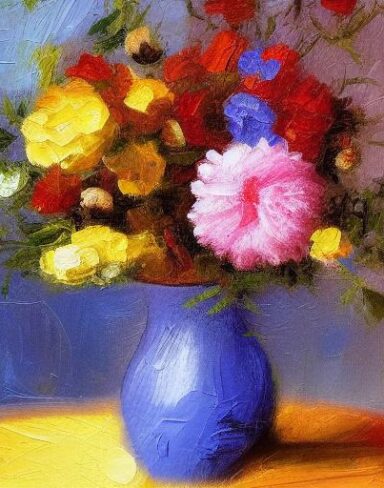 A painting of flowers in a vase on the table