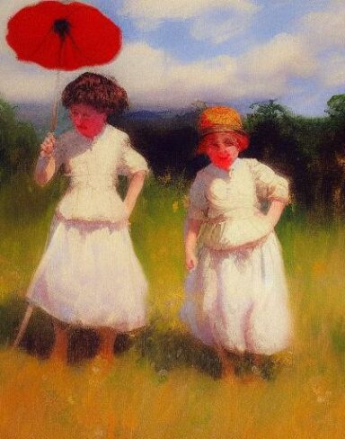 A painting of kids in a field