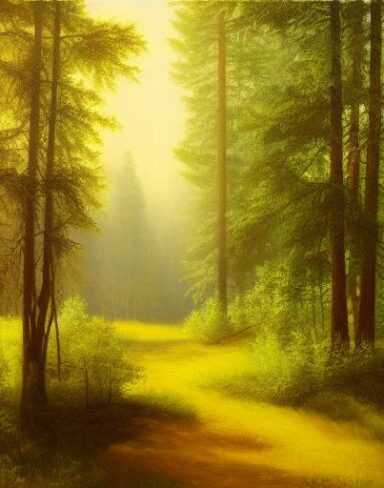 A painting of lots of trees in a forest