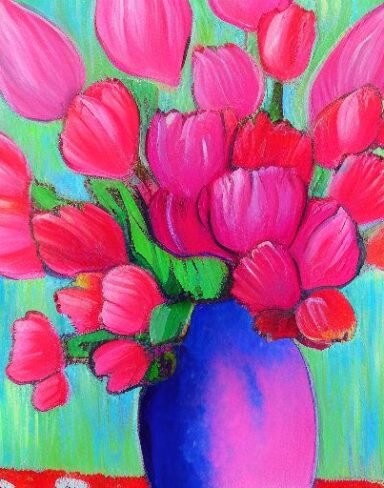 A painting of many pink flowers in a vase