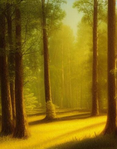 A painting of many trees and grass in a forest