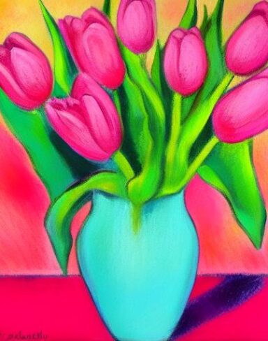 A painting of pink tulips in vase