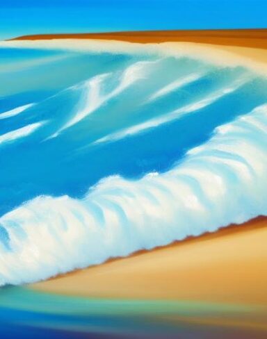 A painting of sea and beach with blue sky