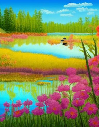 A painting of some flowers near a lake