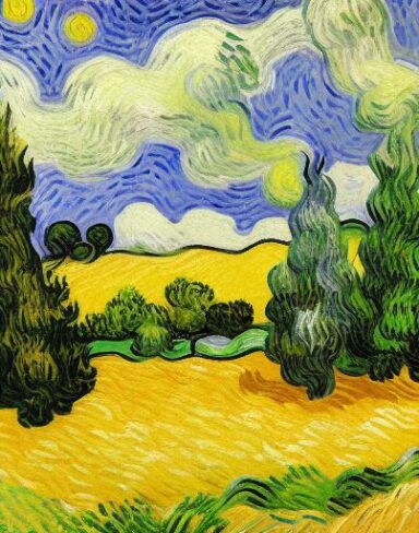 A painting of the wheatfield with cypress trees