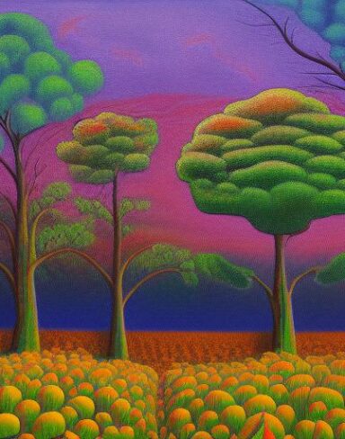 A painting of trees and plants in a field