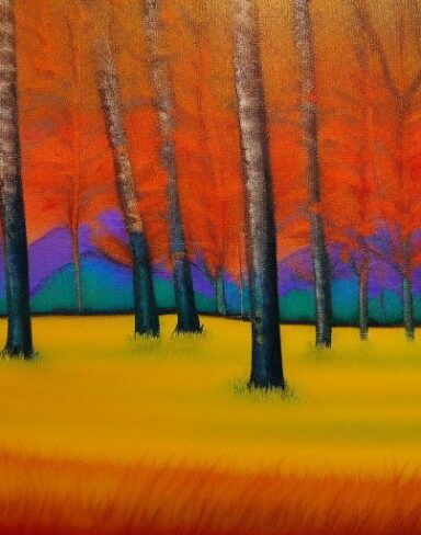 A painting of trees in a field