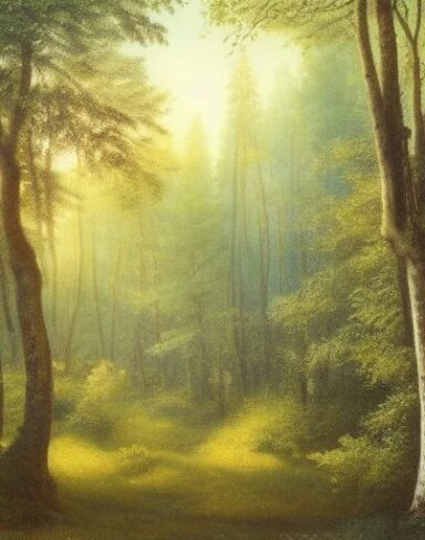 A painting of various trees in a forest