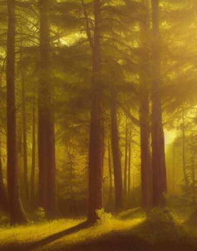 A painting of various trees in a forest