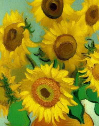 A painting of yellow sunflowers