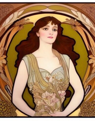 A portrait of a woman with flowers in her brown hair