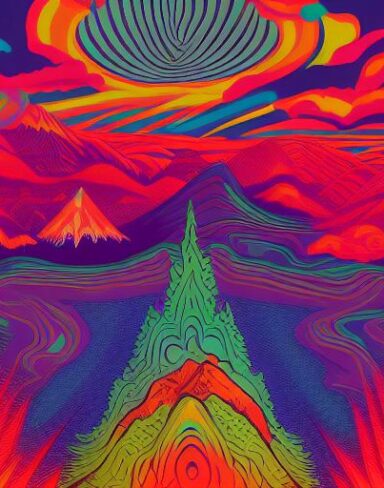 A psychedelic colorful poster with mountains in the background