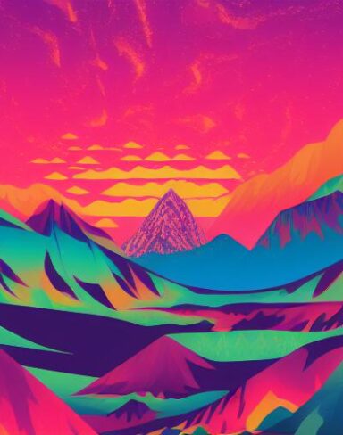 A psychedelic poster with mountains in the background