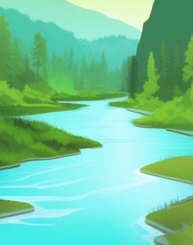 A river running through green forest