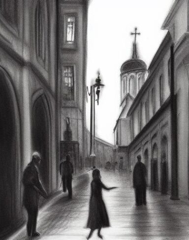 A rough black and white drawing of a city and church in the day with a woman dancing on street