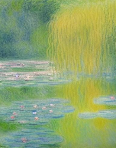 A serene painting of a woman standing next to a pond filled with water lilies