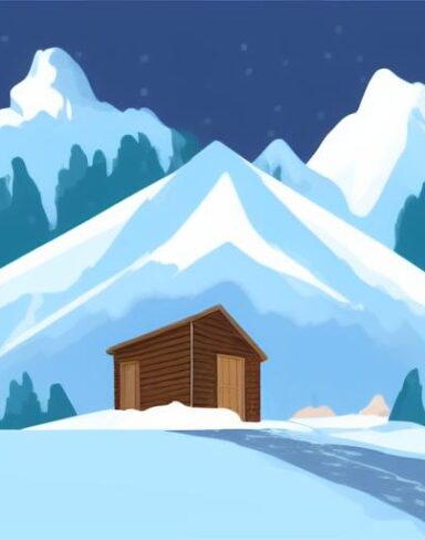 A small cabin in the middle of snowy landscape