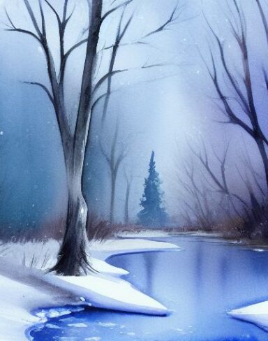 A soft watercolor painting of snow-covered trees and a stream