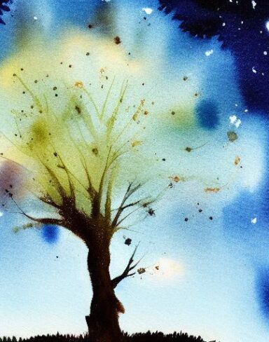 A watercolor of a tree in the sky at night