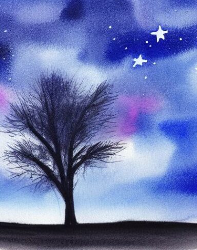 A watercolor of a tree silhouette drawing in the sky at night