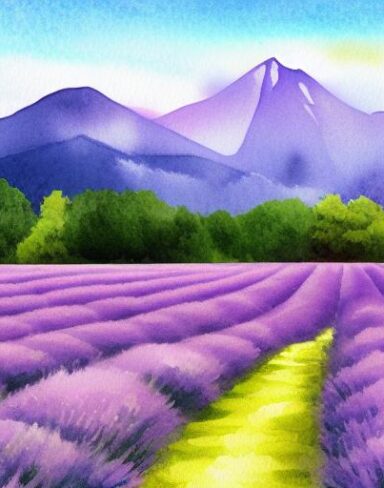 A watercolor painting of a field of lavender with a mountain in the background