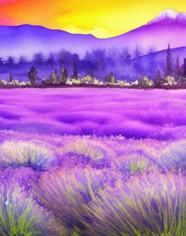 A watercolor painting of a field of lavender with a mountain in the background at sunset